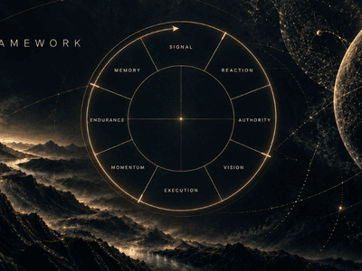 A circular framework diagram with segments labeled Signal, Reaction, Authority, Vision, Momentum, Execution, Endurance, and Memory against a cosmic background.