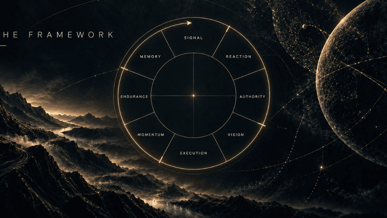 A circular framework diagram with segments labeled Signal, Reaction, Authority, Vision, Momentum, Execution, Endurance, and Memory against a cosmic background.
