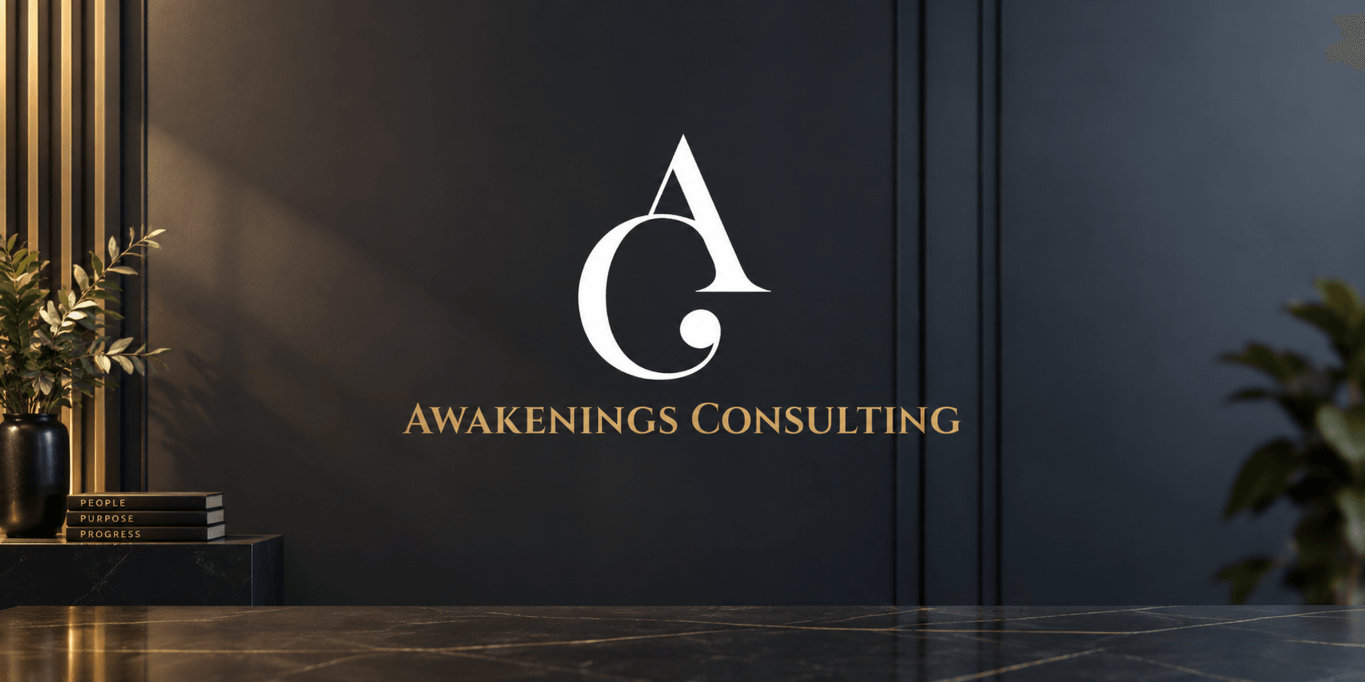 Logo of Awakenings Consulting on a dark wall with decorative plants and books