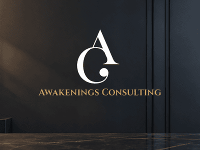Logo of Awakenings Consulting on a dark wall with decorative plants and books
