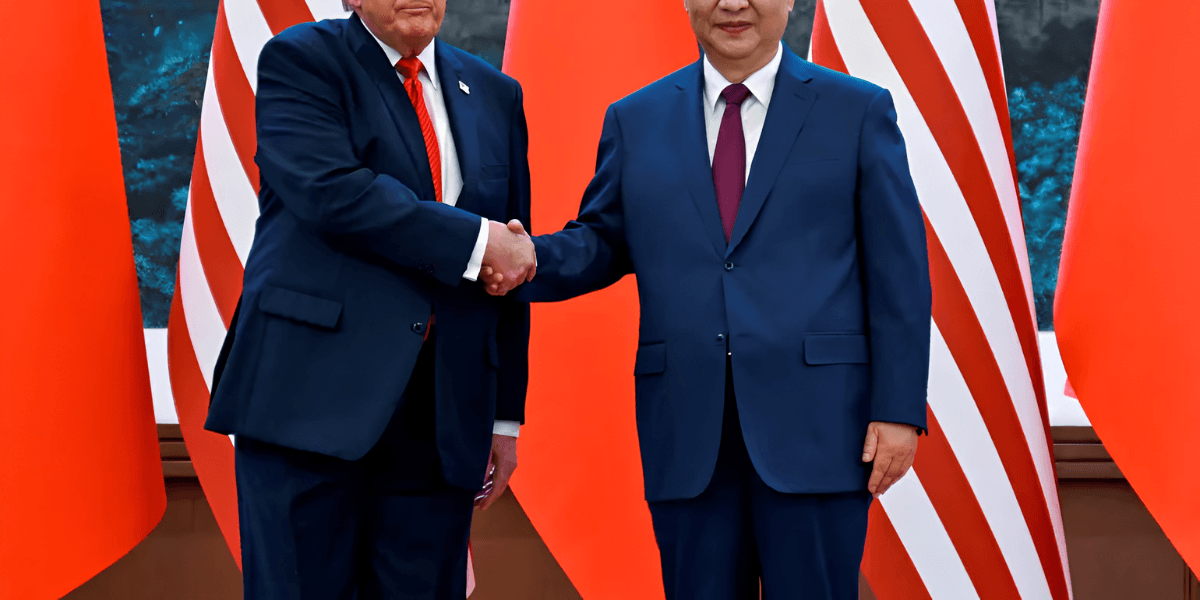 Two leaders shaking hands against a backdrop of flags and a scenic view