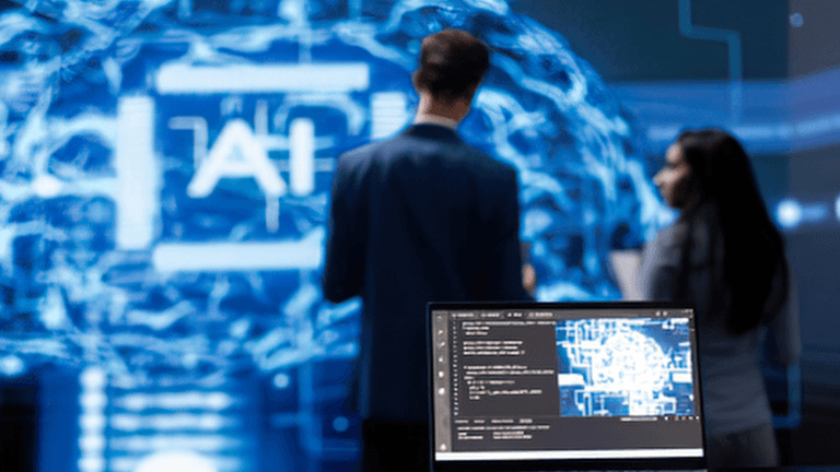 Two people observe a digital display of AI data and brain visualizations.