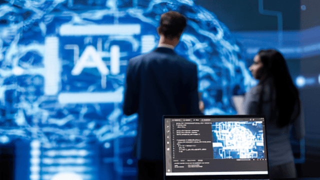 Two people observe a digital display of AI data and brain visualizations.