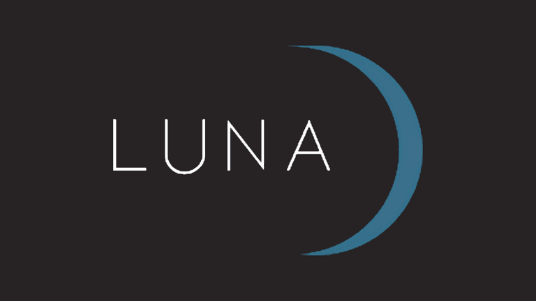 Logo featuring the word "LUNA" next to a crescent moon shape on a dark background