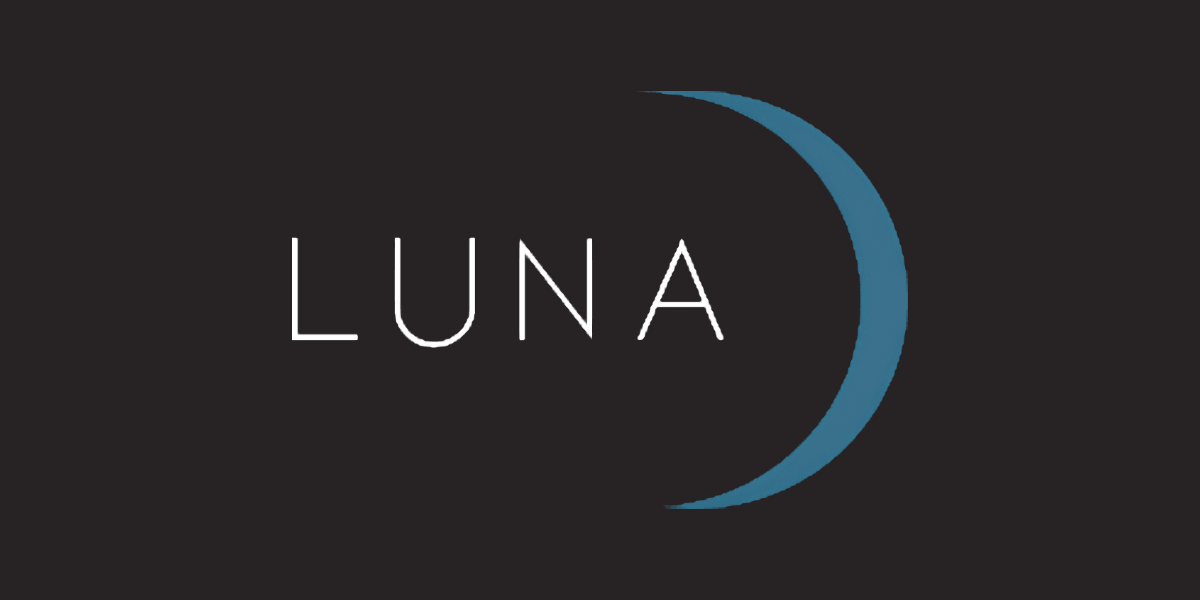 Logo featuring the word "LUNA" next to a crescent moon shape on a dark background