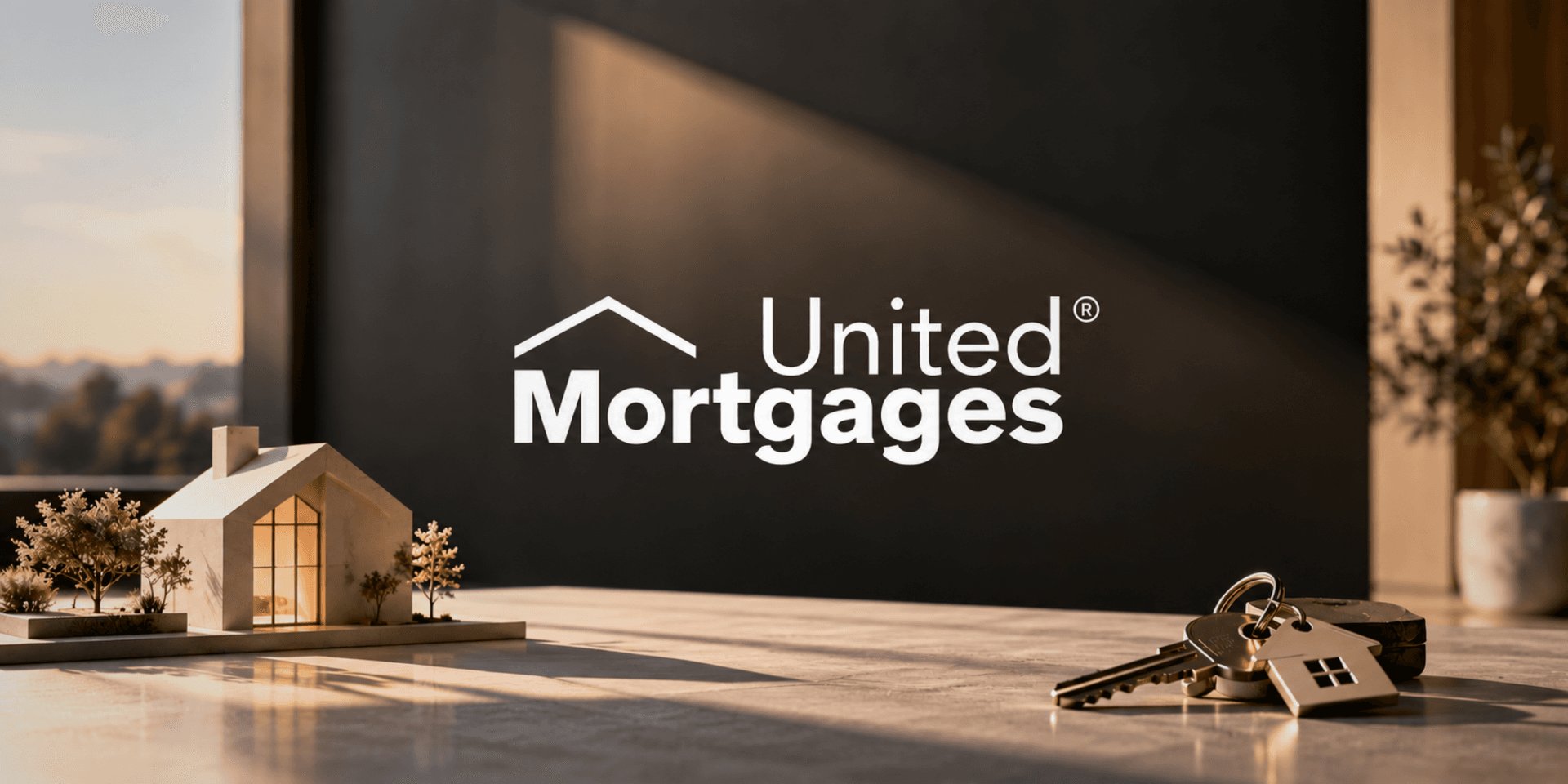 A miniature house model and keys on a desk with United Mortgages logo