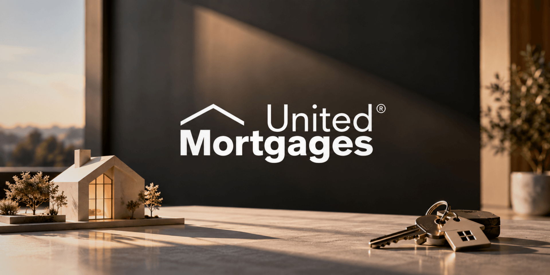 A miniature house model and keys on a desk with United Mortgages logo
