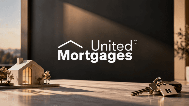 A miniature house model and keys on a desk with United Mortgages logo