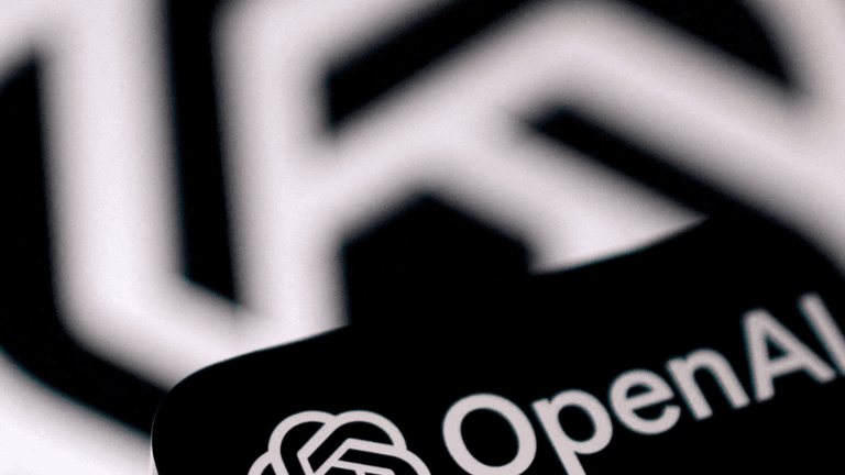 Close-up of the OpenAI logo with a blurred geometric background