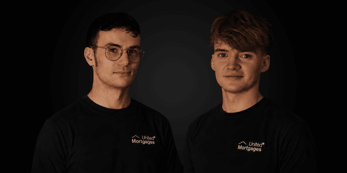 Two young men wearing black shirts with "United Mortgages" logo against a dark background
