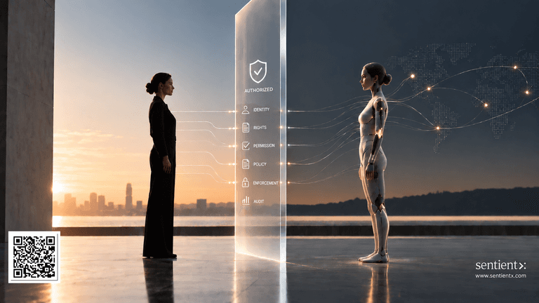 A woman interacts with a futuristic robot near a digital interface at sunset