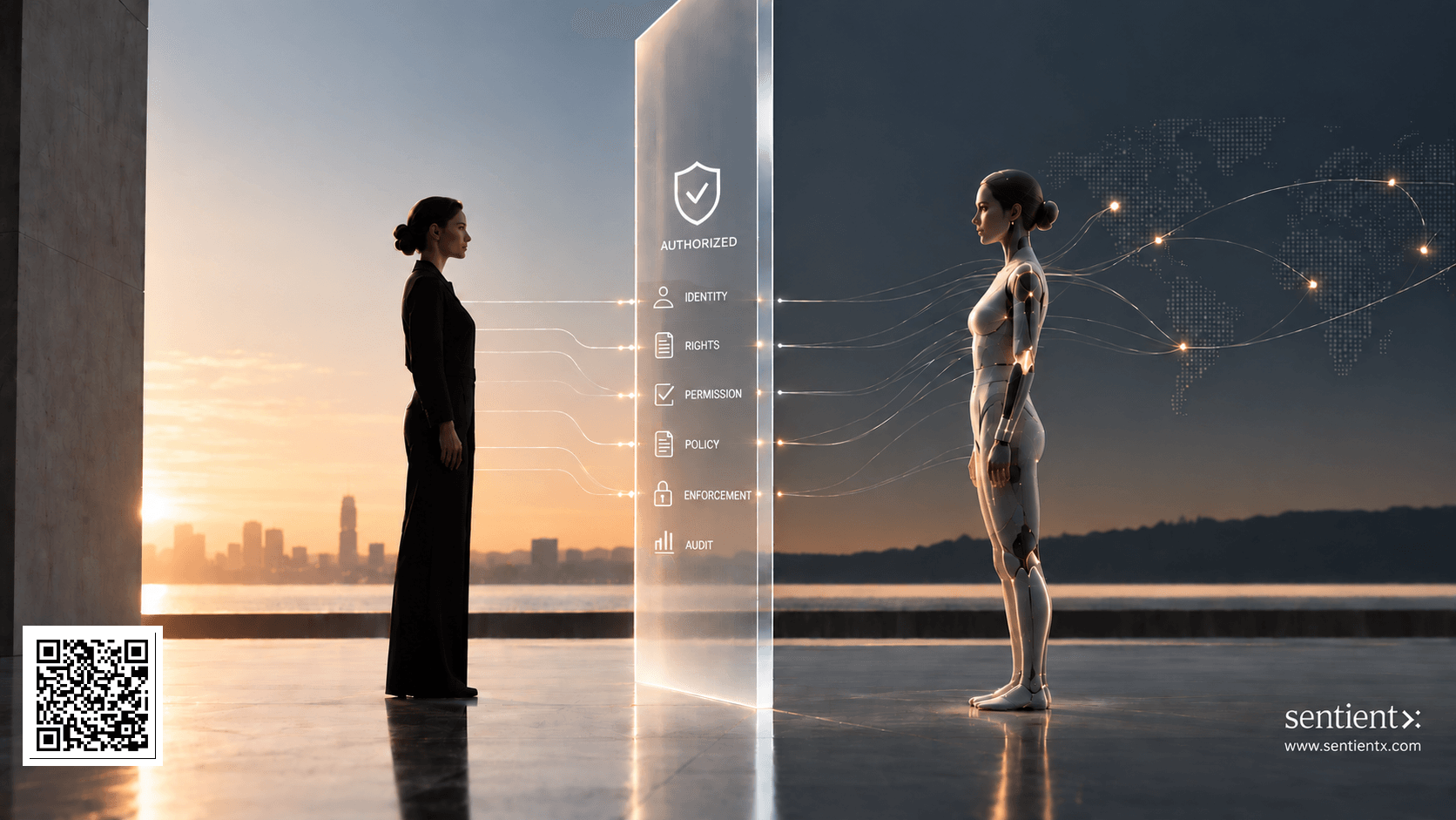 A woman interacts with a futuristic robot near a digital interface at sunset