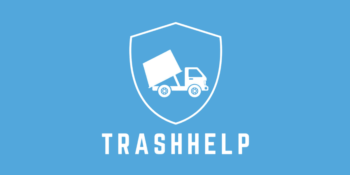 Logo for TrashHelp featuring a shield and a truck icon on a blue background