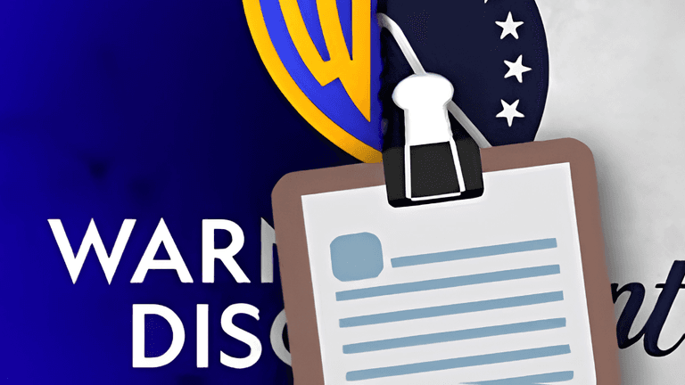 Logo of Warner Bros mingled with a clipboard featuring a document and paperclip