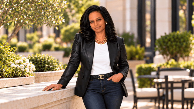 A woman in a blazer and jeans poses confidently outdoors with greenery around her