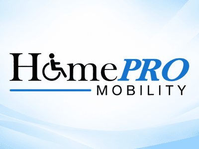 Logo for HomePRO Mobility featuring a wheelchair symbol on a gradient background.