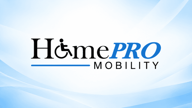Logo for HomePRO Mobility featuring a wheelchair symbol on a gradient background.