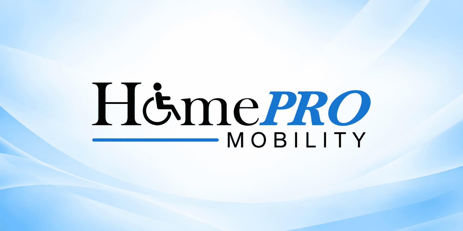 Logo for HomePRO Mobility featuring a wheelchair symbol on a gradient background.