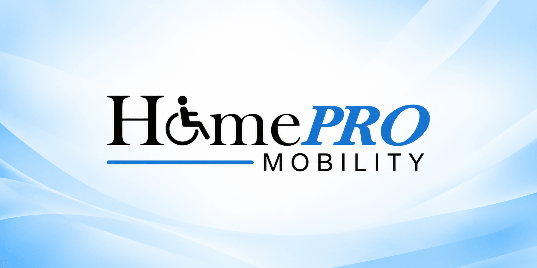 Logo for HomePRO Mobility featuring a wheelchair symbol on a gradient background.