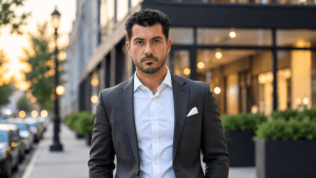 A man in a suit stands confidently on a city street during sunset