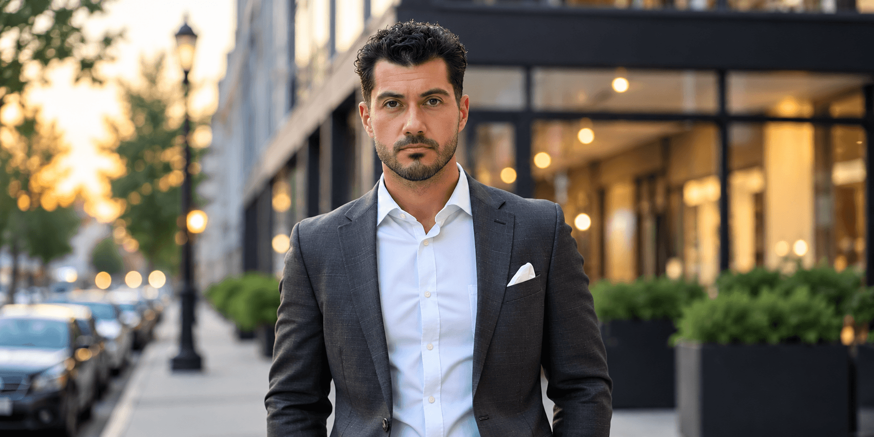 A man in a suit stands confidently on a city street during sunset