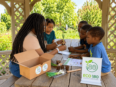 Children and an adult participate in a gardening activity at a gazebo.