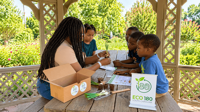 Children and an adult participate in a gardening activity at a gazebo.