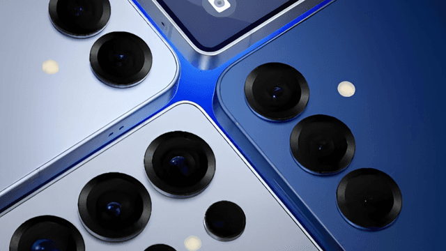 Close-up view of multiple smartphones showcasing their camera lenses and colors