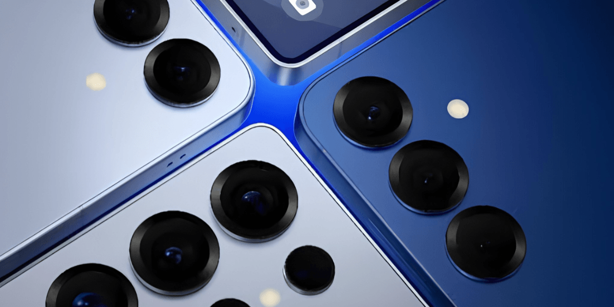 Close-up view of multiple smartphones showcasing their camera lenses and colors