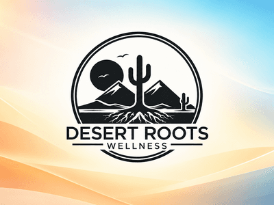 Logo featuring mountains, a cactus, and sun with the text Desert Roots Wellness