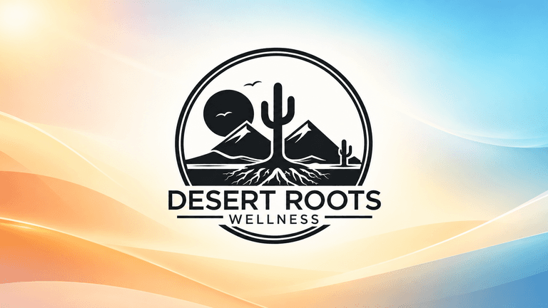 Logo featuring mountains, a cactus, and sun with the text Desert Roots Wellness