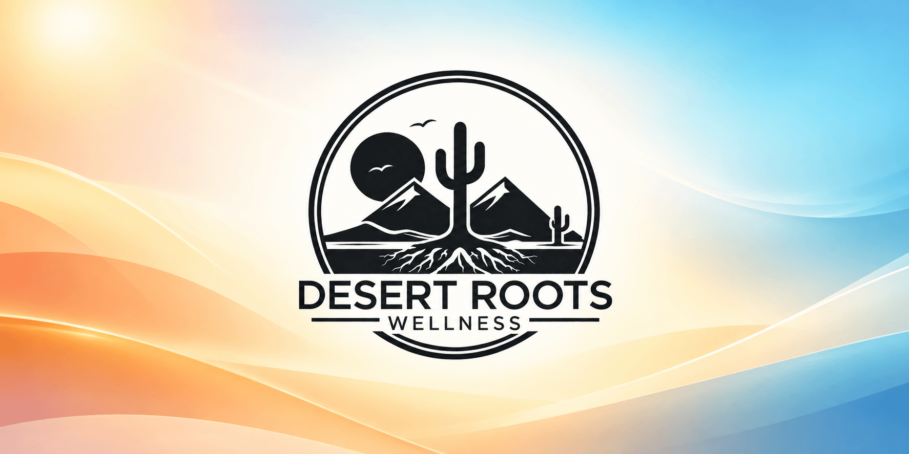 Logo featuring mountains, a cactus, and sun with the text Desert Roots Wellness