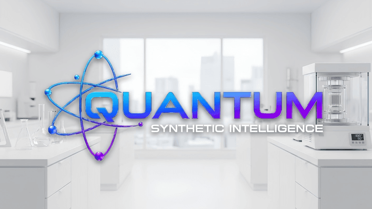 Laboratory scene featuring a modern synthesis machine and a logo for Quantum Synthetic Intelligence