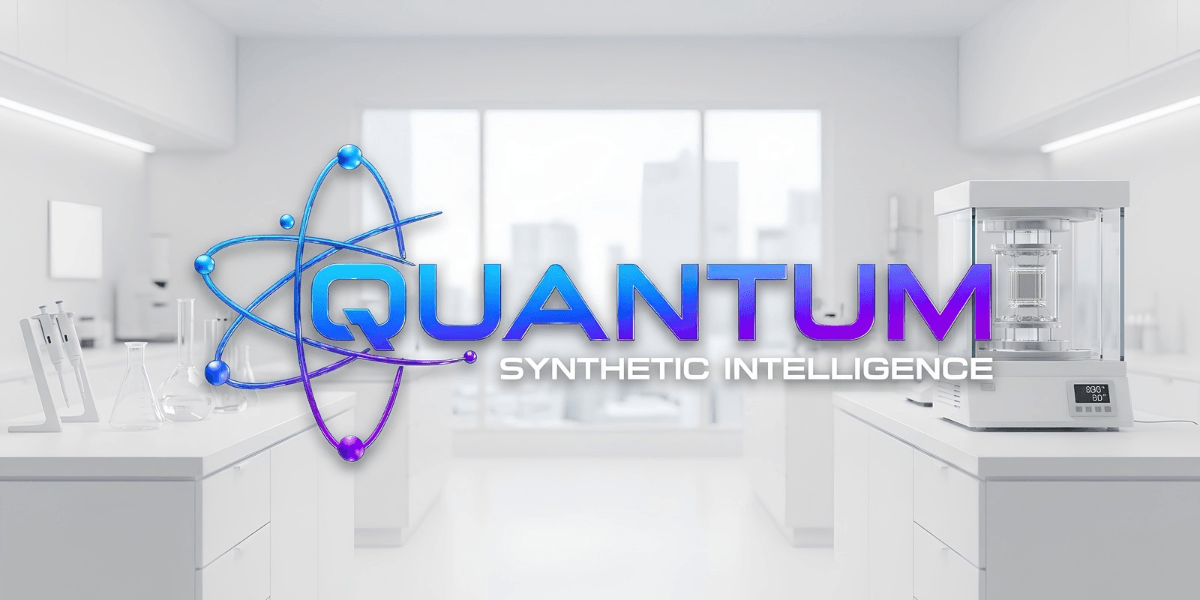 Laboratory scene featuring a modern synthesis machine and a logo for Quantum Synthetic Intelligence