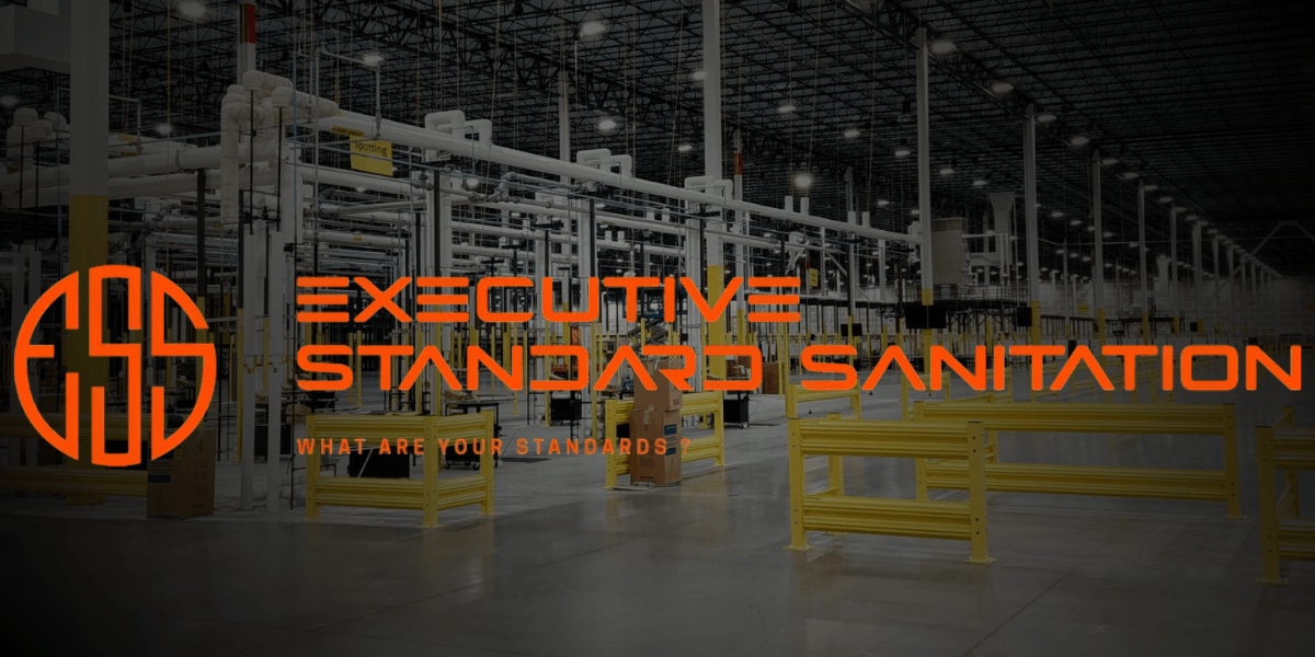 Executive Standard Sanitation logo with warehouse background, emphasizing transparency, integrity, and consistent, client-focused cleaning services with trust.