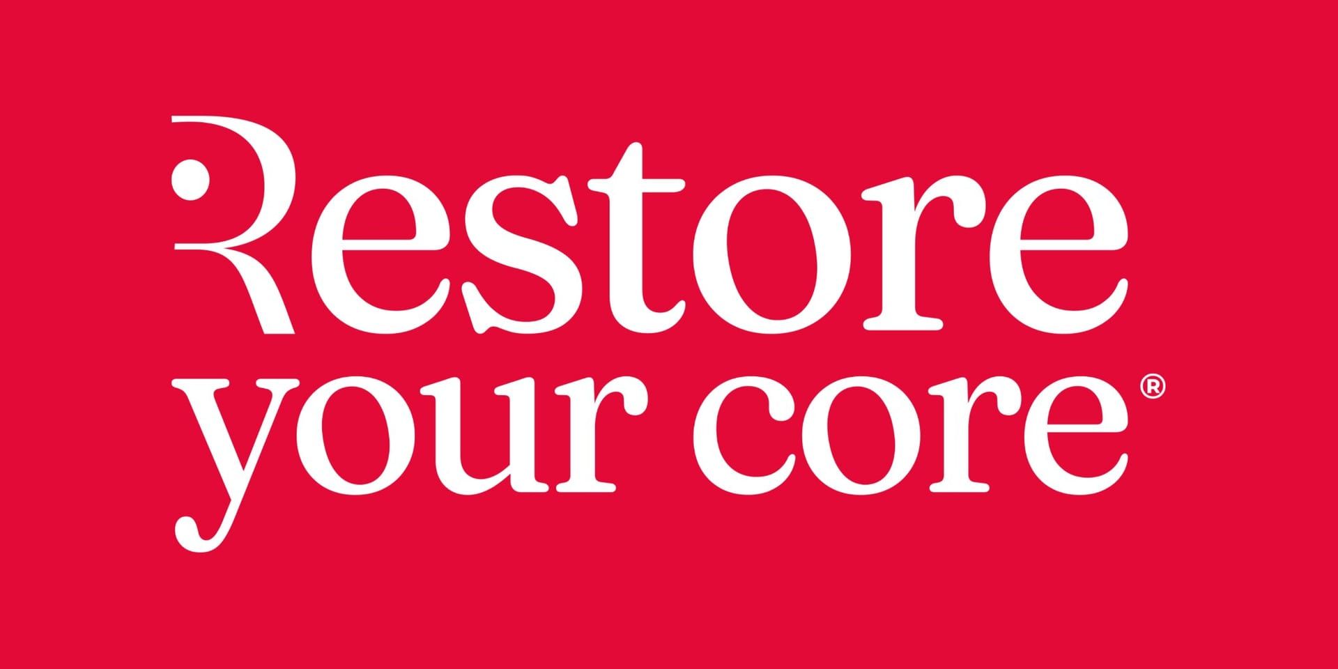 Restore Your Core logo on bright pink background with training program announcement text.