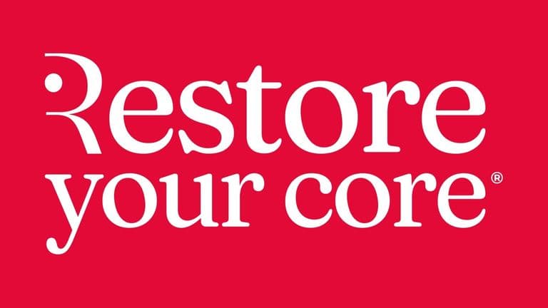 Restore Your Core logo on bright pink background with training program announcement text.