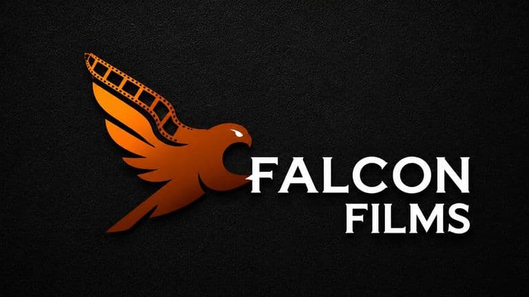 Falcon Films Production logo featuring an orange falcon with filmstrip wing beside the company name on a black background.