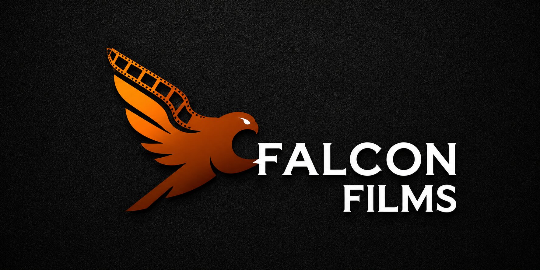 Falcon Films Production logo featuring an orange falcon with filmstrip wing beside the company name on a black background.