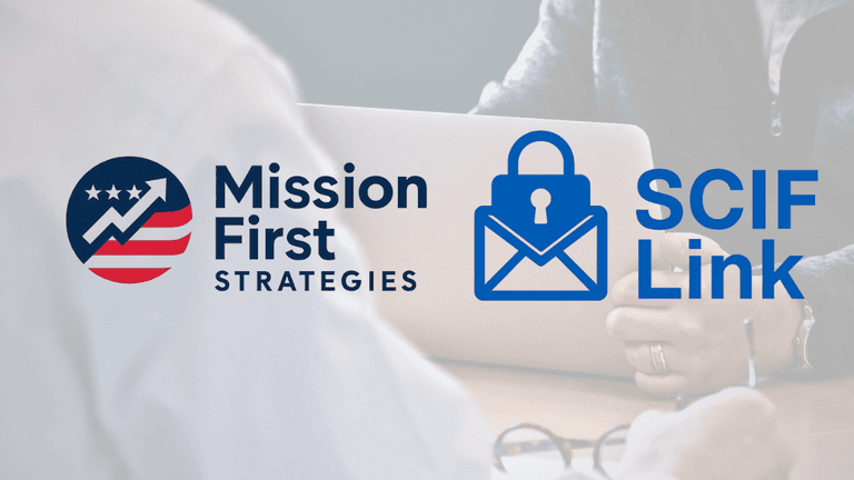 Logo of Mission First Strategies with a rising graph and stars, alongside SCIFLink's secure communication lock symbol, representing Dawn Busby's leadership and innovation in secure collaboration.