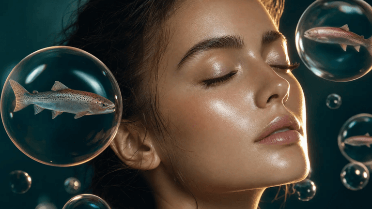 Woman with glowing skin surrounded by floating fish-filled bubbles symbolizing regenerative skincare.