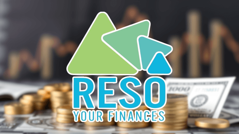 RESO Your Finances logo over stacked coins, U.S. dollar bills, and a financial growth chart in the background.