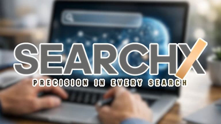 SearchX logo over blurred laptop search screen with tagline “Precision in Every Search.”