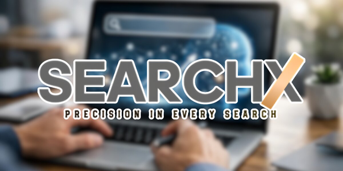 SearchX logo over blurred laptop search screen with tagline “Precision in Every Search.”