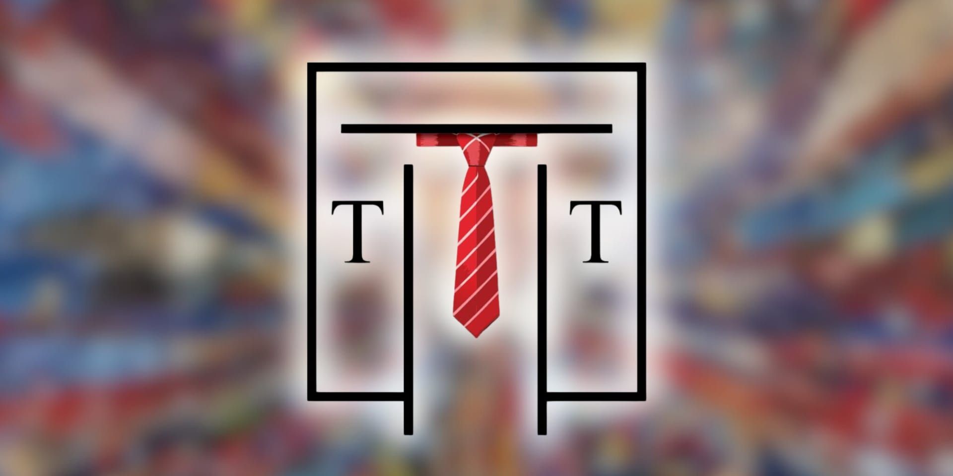 Logo of a black outline with two "T"s and a red tie in the center. Blurred multicolored background suggests motion and energy.