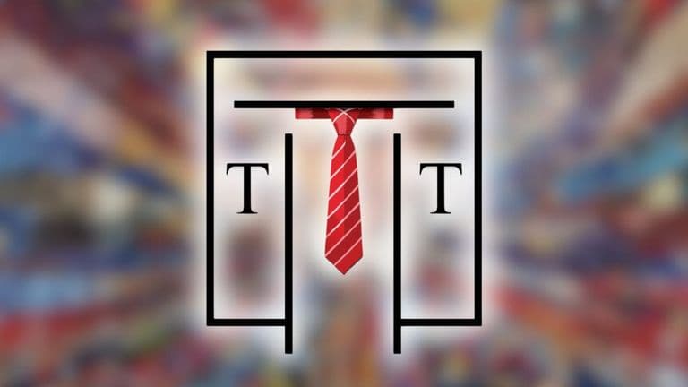 Logo of a black outline with two "T"s and a red tie in the center. Blurred multicolored background suggests motion and energy.