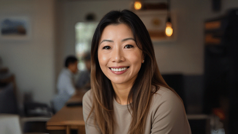 Julia Vilath, founder of Caveri, smiling warmly in a cozy cafe setting, wearing a beige sweater.