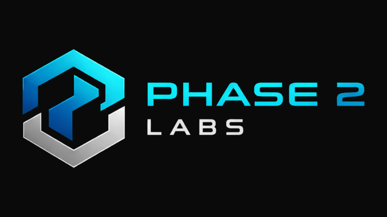 Phase 2 Labs logo featuring a blue and silver geometric emblem beside the company name on a black background.