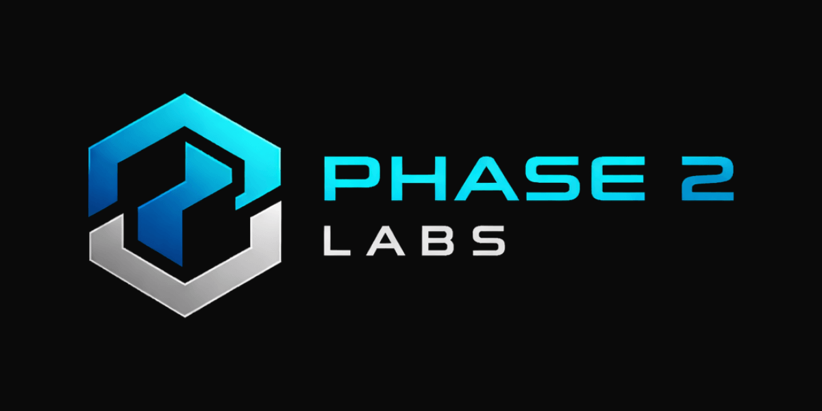 Phase 2 Labs logo featuring a blue and silver geometric emblem beside the company name on a black background.