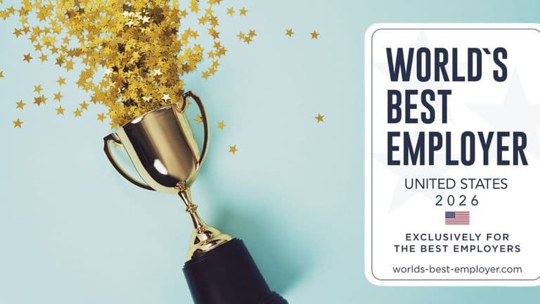 Golden trophy with star confetti, promoting "World's Best Employer - United States 2026."